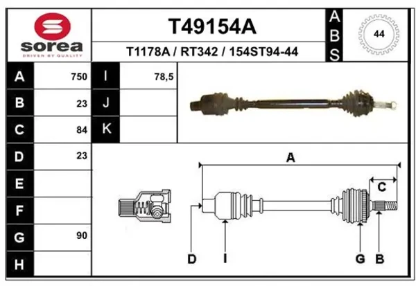 Піввісь (привід) передня, права T49154A EAI