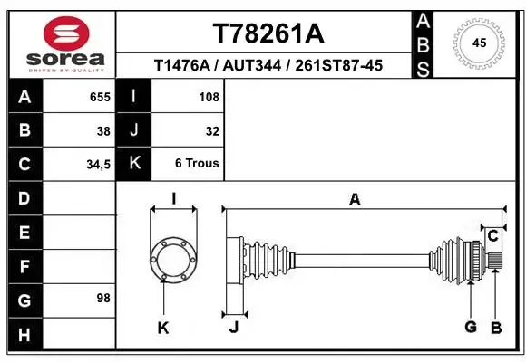 Піввісь задня T78261A EAI