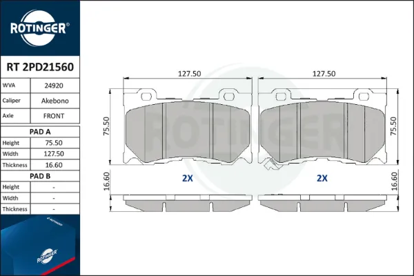 Передні тормозні колодки RT2PD21560 Rotinger