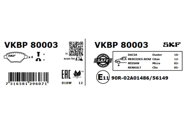 Передні тормозні колодки VKBP80003 SKF