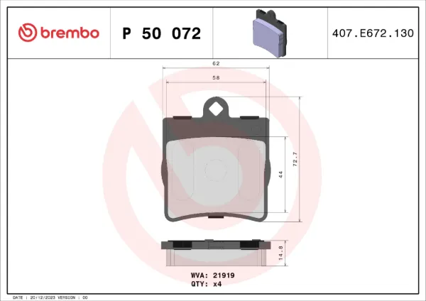 Задні гальмівні колодки P50072 Brembo