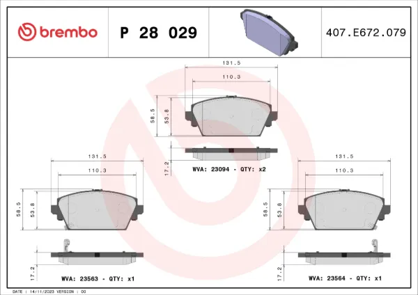 Передні тормозні колодки P28029 Brembo