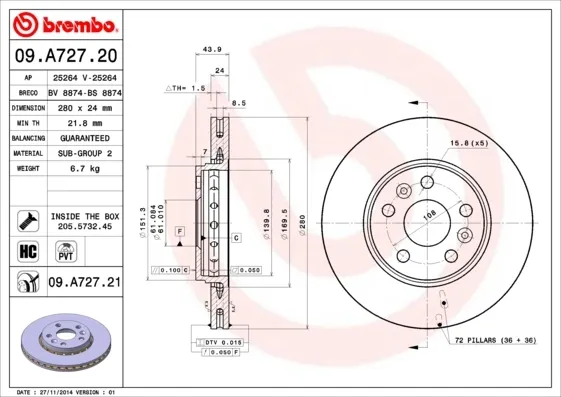 Гальмівні диски передні 09A72721 Brembo