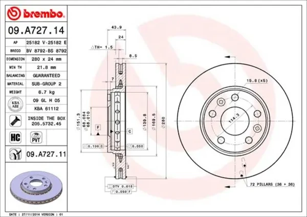 Гальмівні диски передні 09A72711 Brembo
