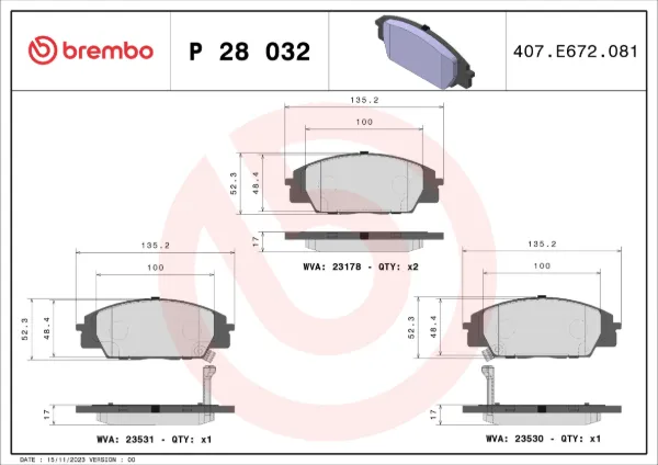 Передні тормозні колодки P28032 Brembo