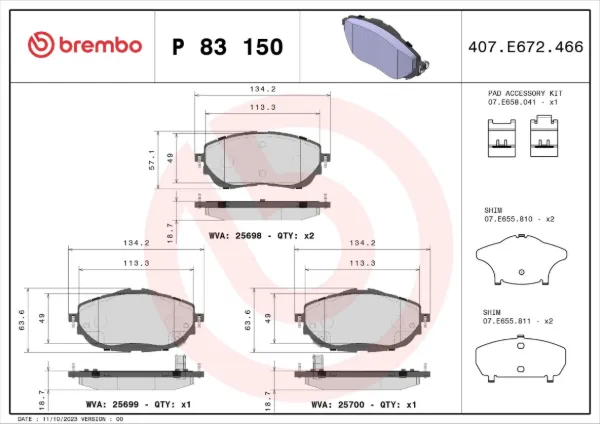 Передні тормозні колодки P83150 Brembo