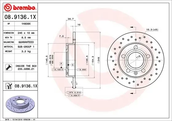 Гальмівні диски 0891361X Brembo