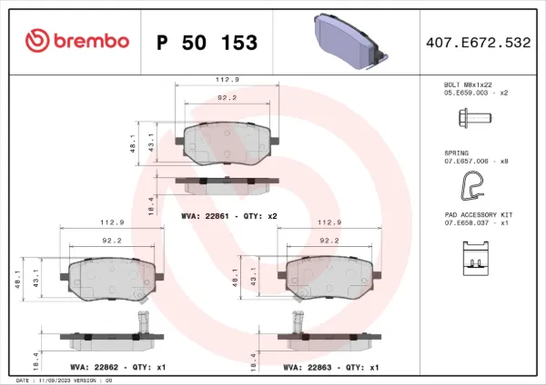 Задні гальмівні колодки P50153 Brembo