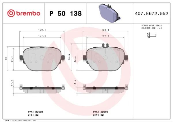 Задні гальмівні колодки P50138 Brembo