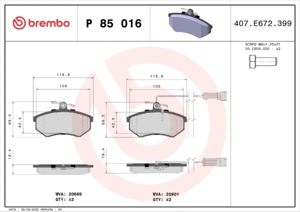 Передні тормозні колодки P85016 Brembo