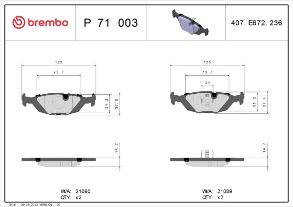 Задні гальмівні колодки P71003 Brembo