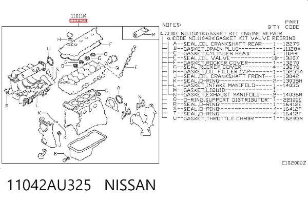 Комплект прокладок двигуна, верхній 11042AU325 Nissan/Infiniti