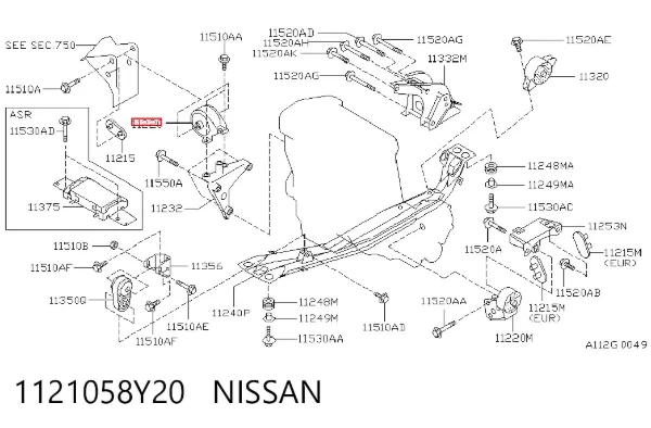 Подушка (опора) двигуна, права 1121058Y20 Nissan/Infiniti
