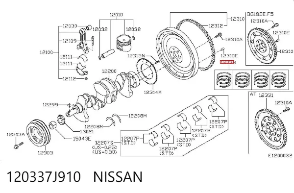 Кільця поршневі комплект на мотор, STD. 120337J910 Nissan/Infiniti