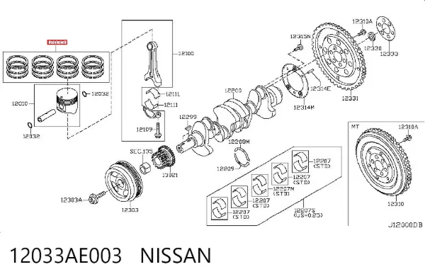 Кільця поршневі комплект на мотор, STD. 12033AE003 Nissan/Infiniti