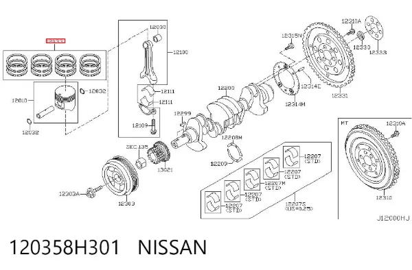 Кільця поршневі комплект на мотор, 1-й ремонт (+0,25) 120358H301 Nissan/Infiniti