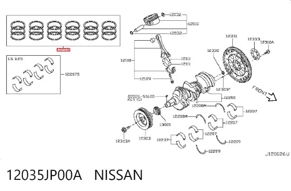 Кільця поршневі комплект на мотор, 2-й ремонт (+0,50) 12035JP00A Nissan/Infiniti