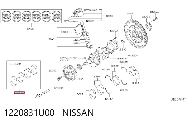 Вкладиші колінвала, корінні, комплект, 1-й ремонт (+0,25) 1220831U00 Nissan/Infiniti