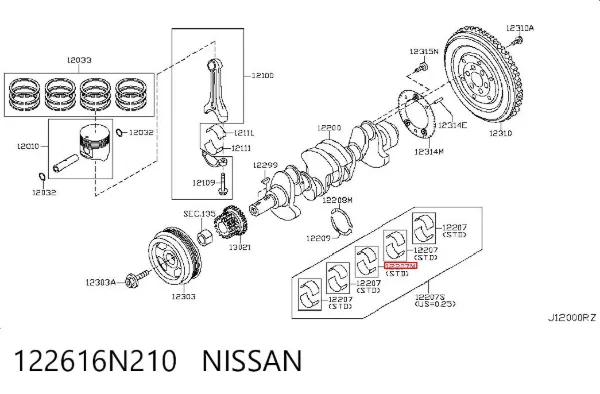Вкладиші колінвала, корінні, комплект, стандарт (STD) 122616N210 Nissan/Infiniti