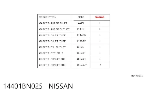 Прокладка турбіни, монтажний комплект 14401BN025 Nissan/Infiniti