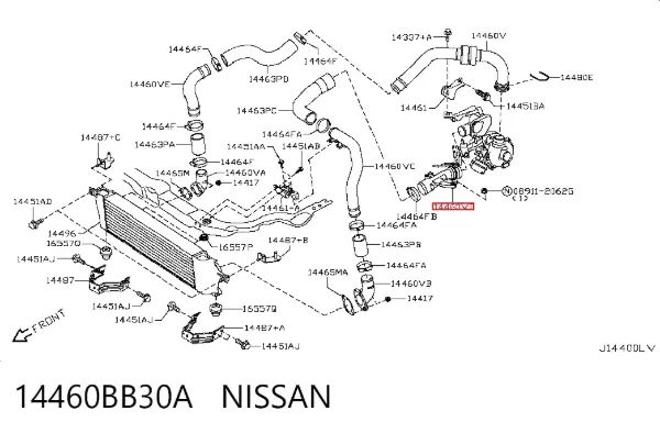 Патрубок повітряний, вихід з турбіни (наддув) 14460BB30A Nissan/Infiniti