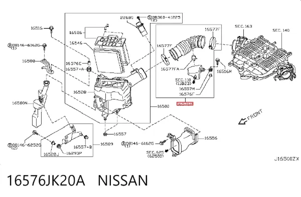 Патрубок повітряний, вихід повітряного фільтра 16576JK20A Nissan/Infiniti
