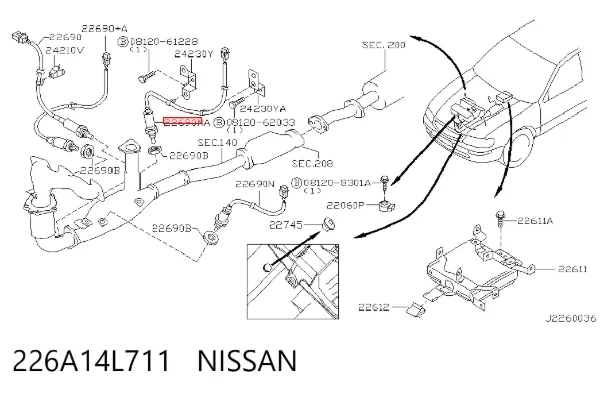 Лямбда-зонд, датчик кисню до каталізатора, лівий 226A14L711 Nissan/Infiniti
