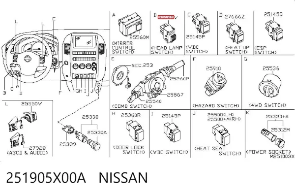 Кнопка коректора фар 251905X00A Nissan/Infiniti
