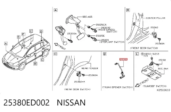 Кнопка приводу замка задньої 3/5 двері (ляди) 25380ED002 Nissan/Infiniti