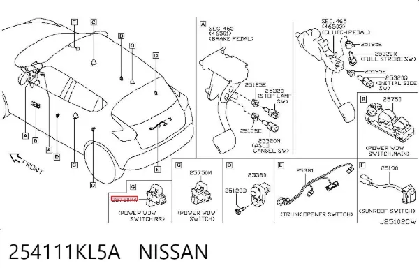 Кнопка вмикання двигуна склопідіймача задня 254111KL5A Nissan/Infiniti