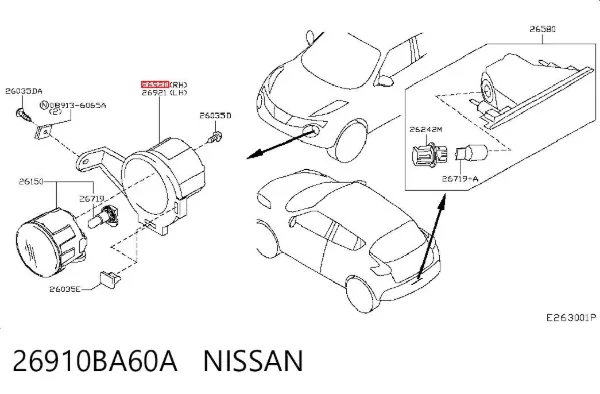 Кронштейн кріплення протитуманною фари, правої 26910BA60A Nissan/Infiniti