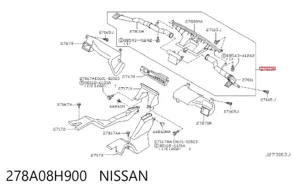 Повітропровід, розподільник повітря на консолі, центральний 278A08H900 Nissan/Infiniti