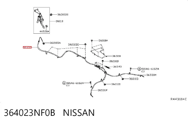 Трос ручного гальма передній 364023NF0B Nissan/Infiniti