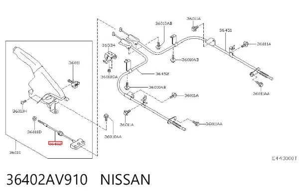 Трос ручного гальма передній 36402AV910 Nissan/Infiniti