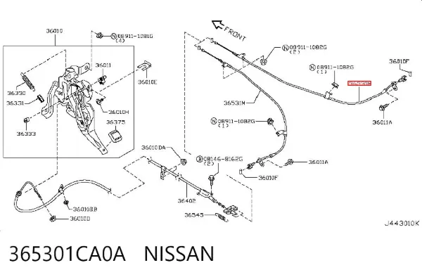 Трос ручного гальма задній, правий 365301CA0A Nissan/Infiniti