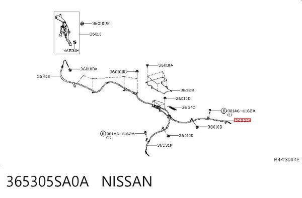 Трос ручного гальма задній, правий 365305SA0A Nissan/Infiniti