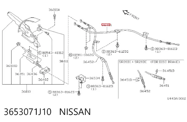 Трос ручного гальма задній, правий 3653071J10 Nissan/Infiniti