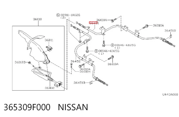 Трос ручного гальма задній, правий 365309F000 Nissan/Infiniti