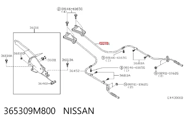 Трос ручного гальма задній, правий 365309M800 Nissan/Infiniti