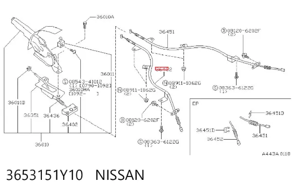Трос ручного гальма задній, лівий 3653151Y10 Nissan/Infiniti