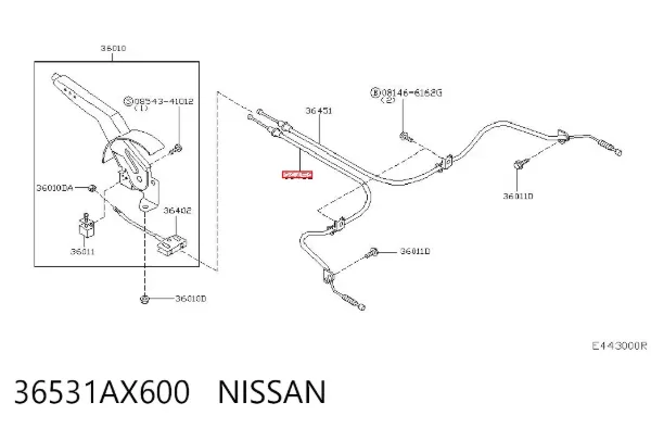 Трос ручного гальма задній, лівий 36531AX600 Nissan/Infiniti