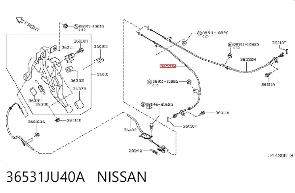 Трос ручного гальма задній, лівий 36531JU40A Nissan/Infiniti