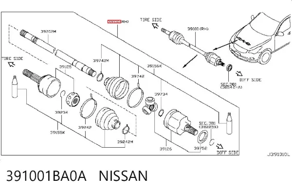 Піввісь права 391001BA0A Nissan/Infiniti