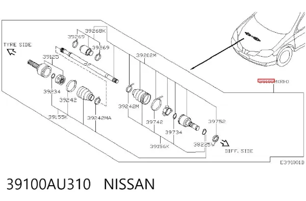 Піввісь права 39100AU310 Nissan/Infiniti