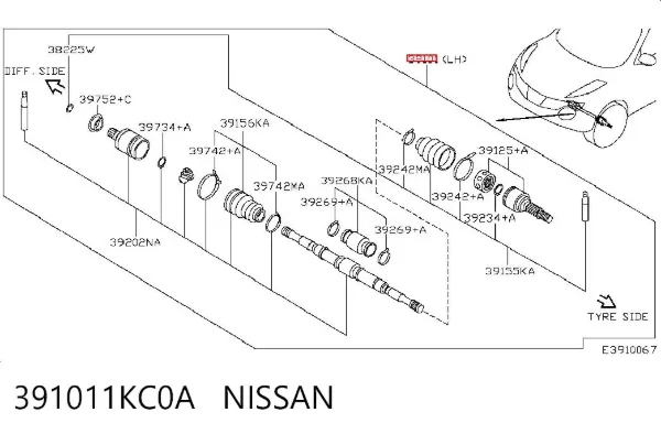 Ліва піввісь 391011KC0A Nissan/Infiniti