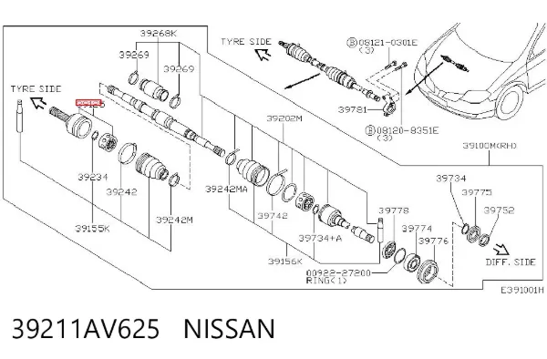 ШРУС зовнішній передній 39211AV625 Nissan/Infiniti