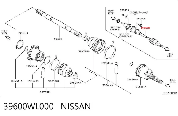 Піввісь задня, ліва 39600WL000 Nissan/Infiniti