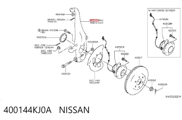 Цапфа - поворотний кулак передній, правий 400144KJ0A Nissan/Infiniti