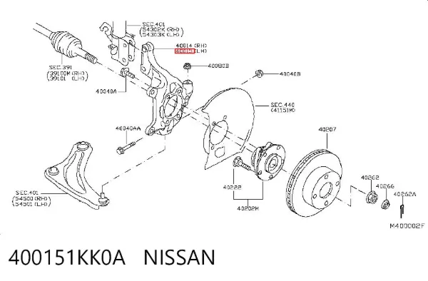 Цапфа - поворотний кулак передній, лівий 400151KK0A Nissan/Infiniti