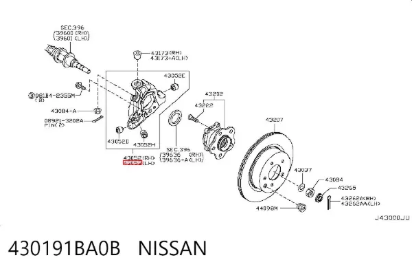 Цапфа - поворотний кулак задній, лівий 430191BA0B Nissan/Infiniti